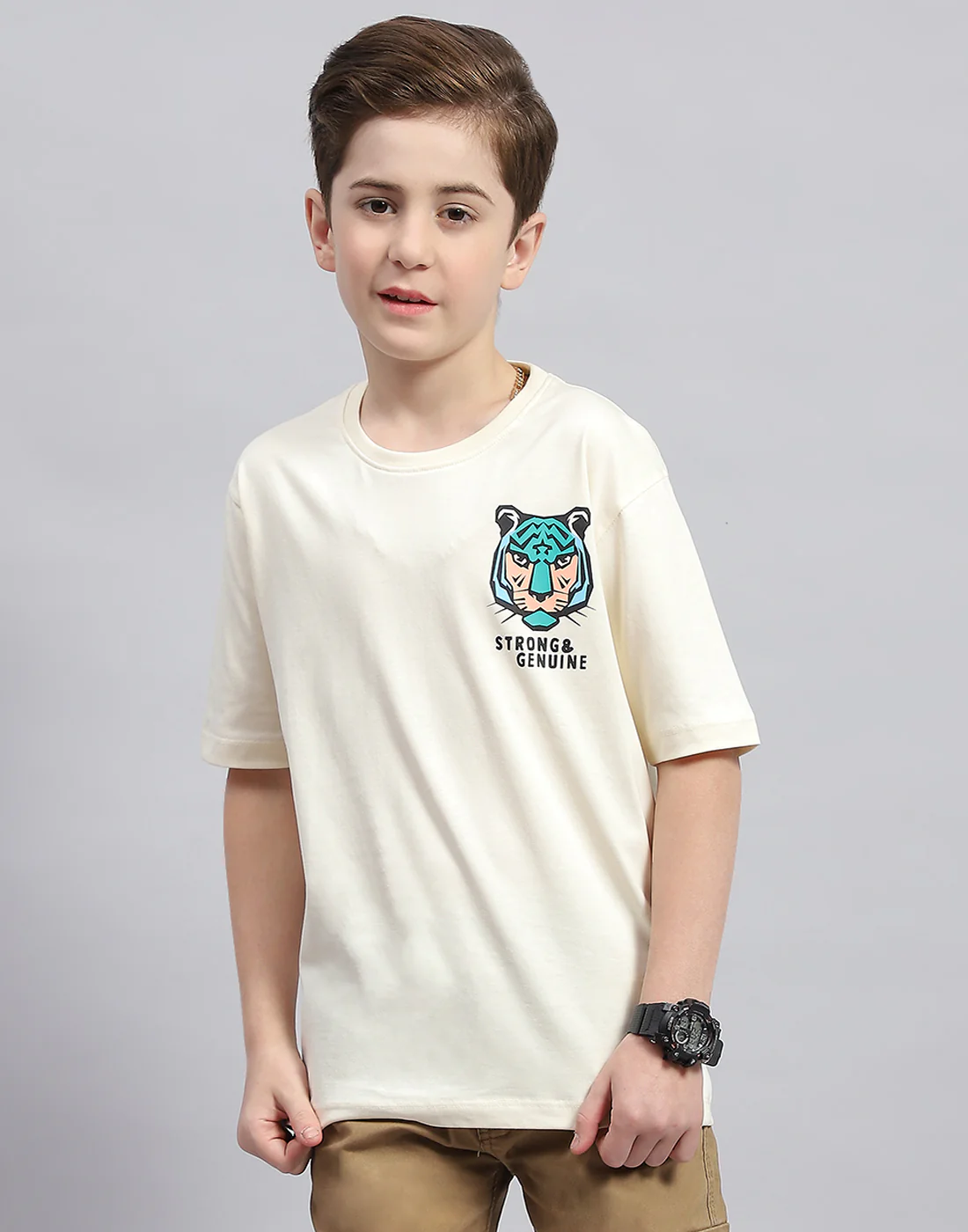 Boys Off White Printed Round Neck Half Sleeve T-Shirt - Image 2