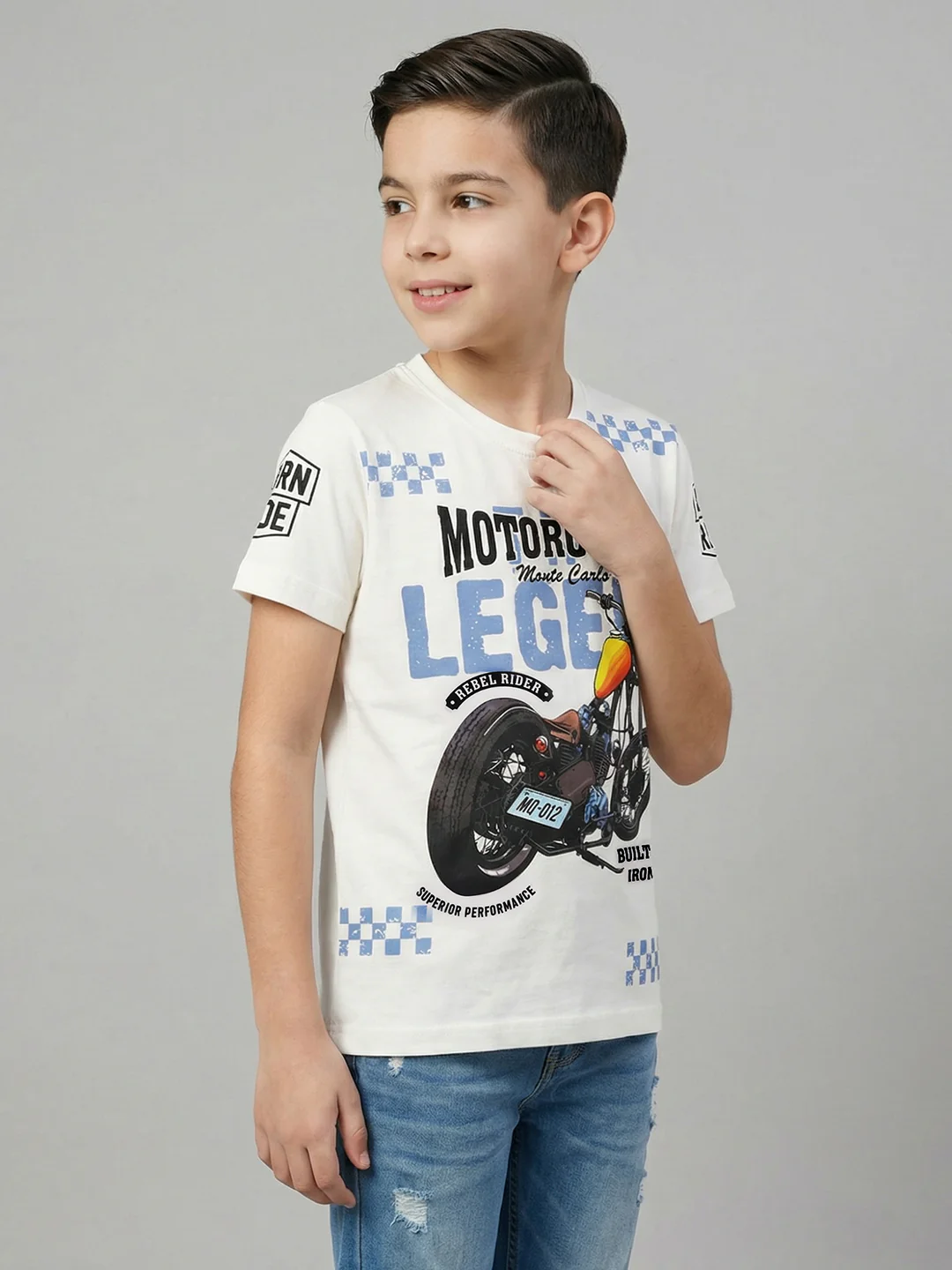 Boys Off White Printed Round Neck Half Sleeve T-Shirt - Image 4