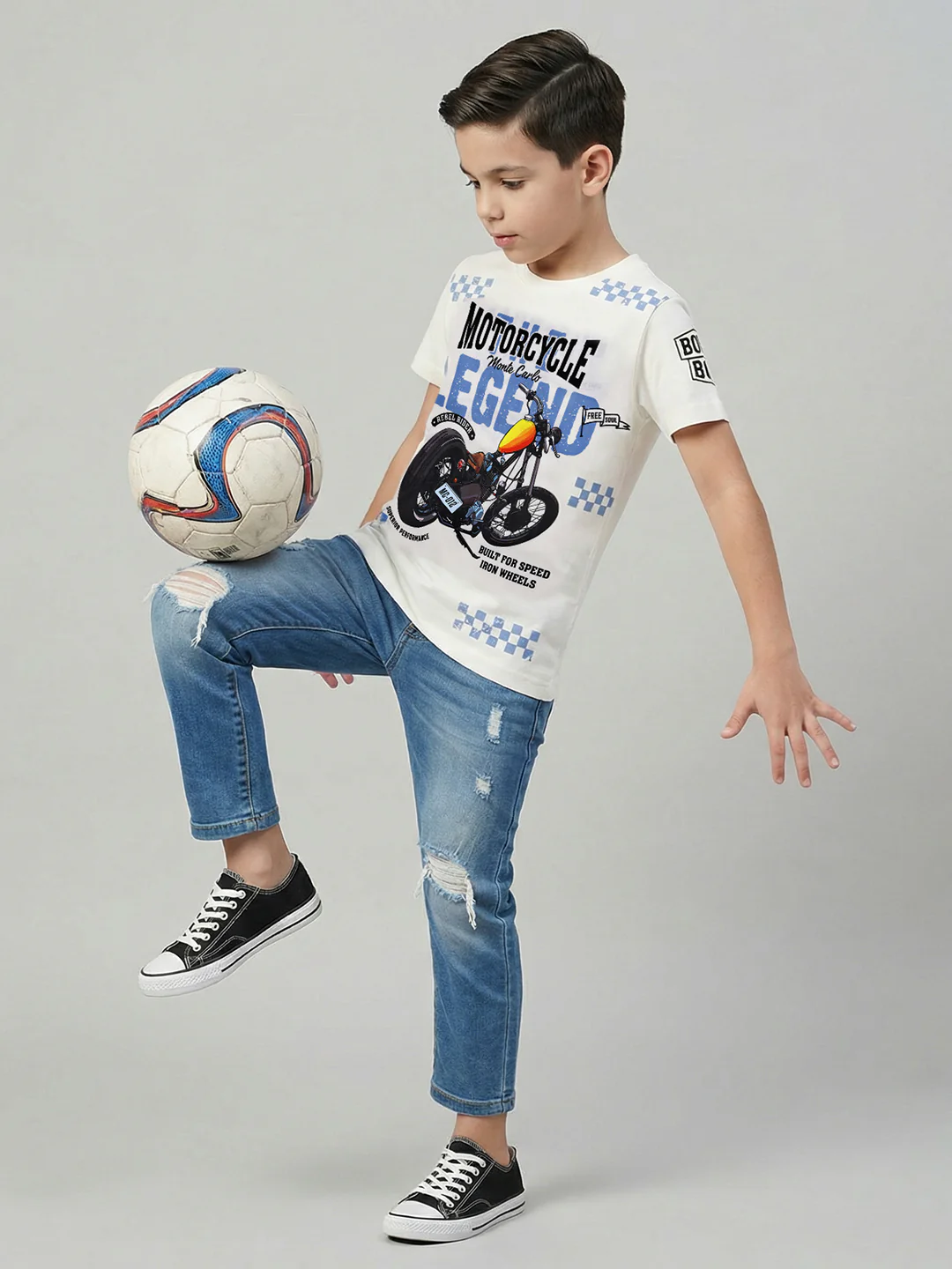 Boys Off White Printed Round Neck Half Sleeve T-Shirt - Image 5