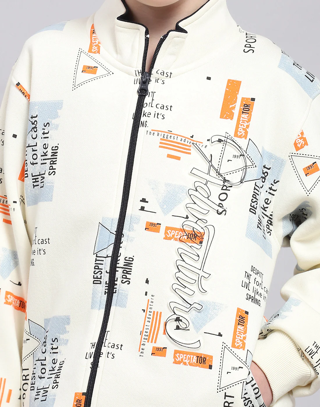 Boys Off White Printed Stand Collar Full Sleeve Sweatshirt - Image 6