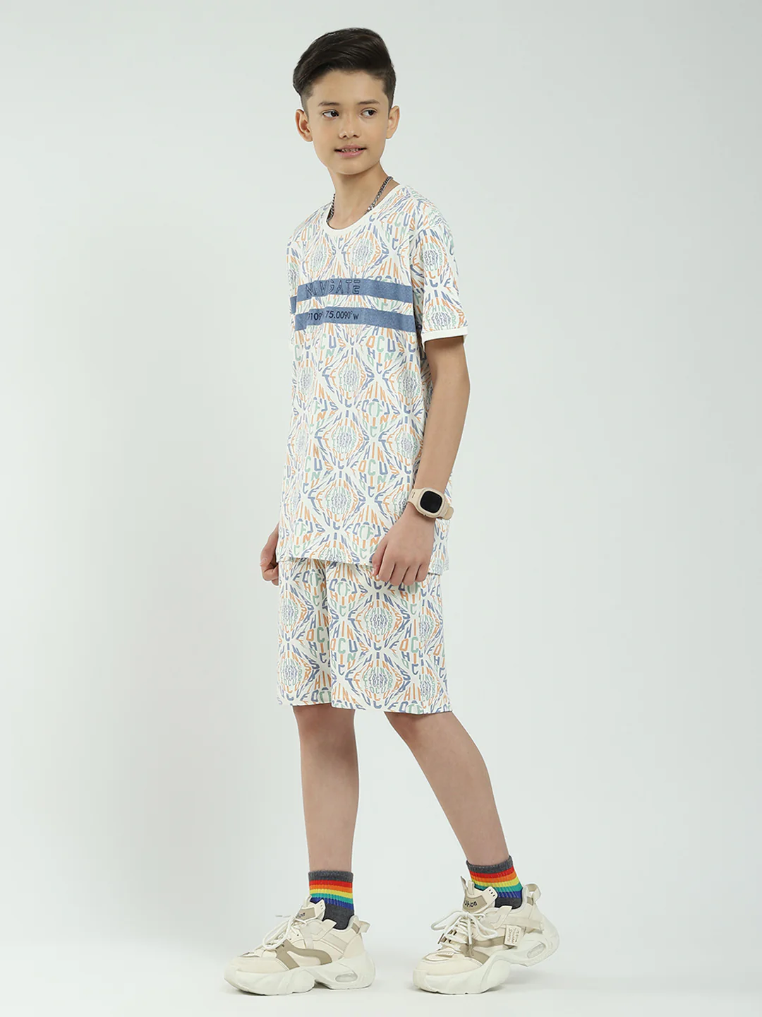 Boys Off White Printed Round Neck Half Sleeve Bermuda Set - Image 3