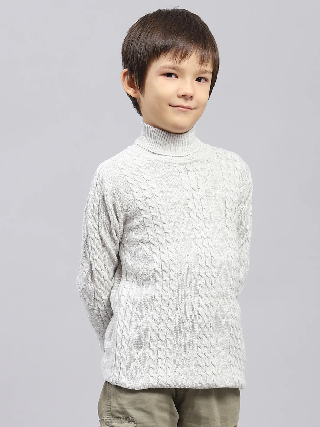 Boys Off White Self Design High Neck Full Sleeve Pullover - Image 4