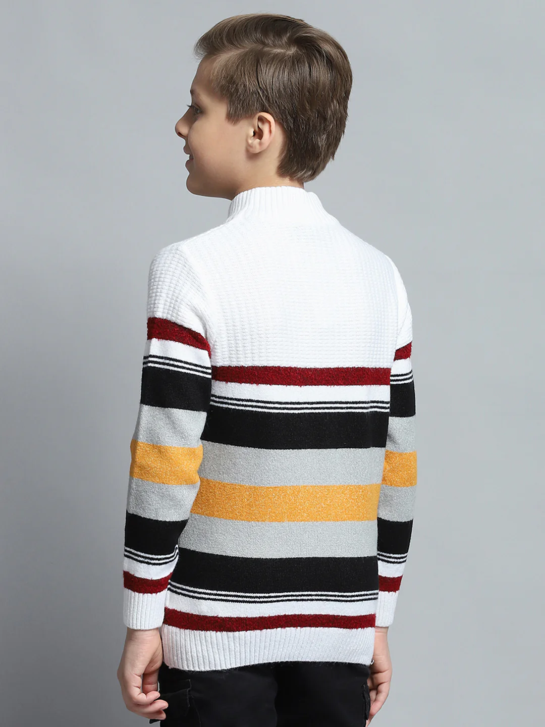 Boys Off White Self Design Mock Neck Full Sleeve Pullover - Image 5