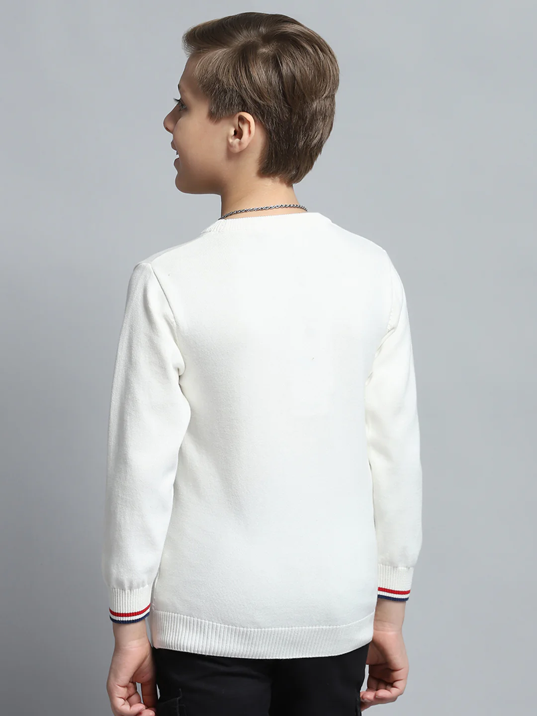 Boys Off White Self Design Round Neck Full Sleeve Pullover - Image 5