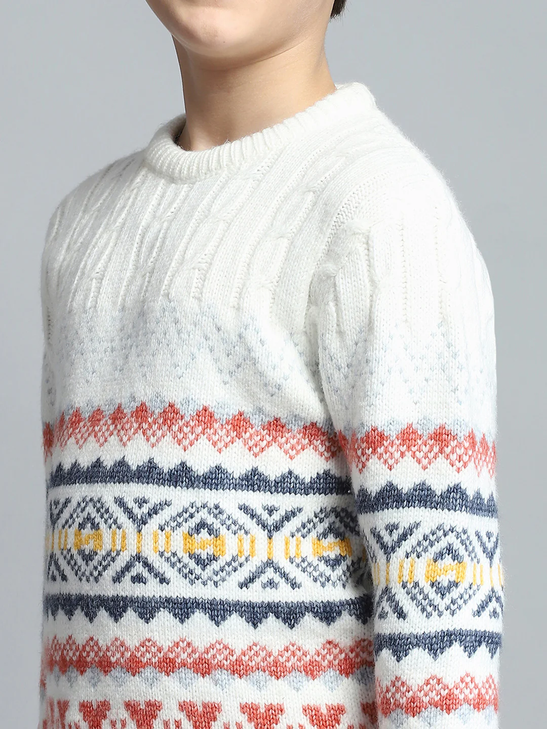 Boys Off White Self Design Round Neck Full Sleeve Pullover - Image 7