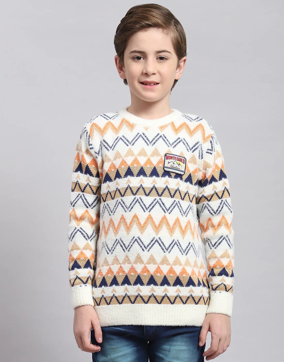 Boys Off White Self Design Round Neck Full Sleeve Sweater - Image 2