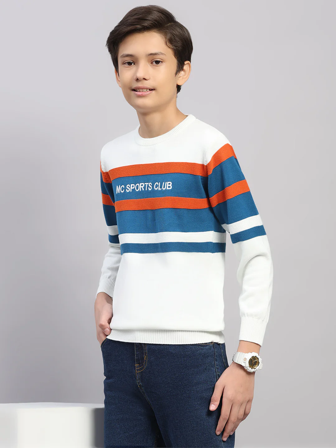 Boys Off White Stripe Round Neck Full Sleeve Pullover - Image 6
