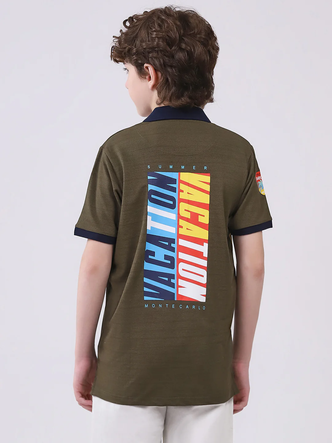 Boys Olive Printed Collar Half Sleeve T-Shirt - Image 5