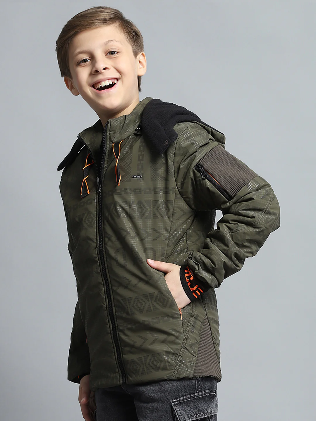 Boys Olive Printed Detachable Hood Full Sleeve Jacket - Image 3