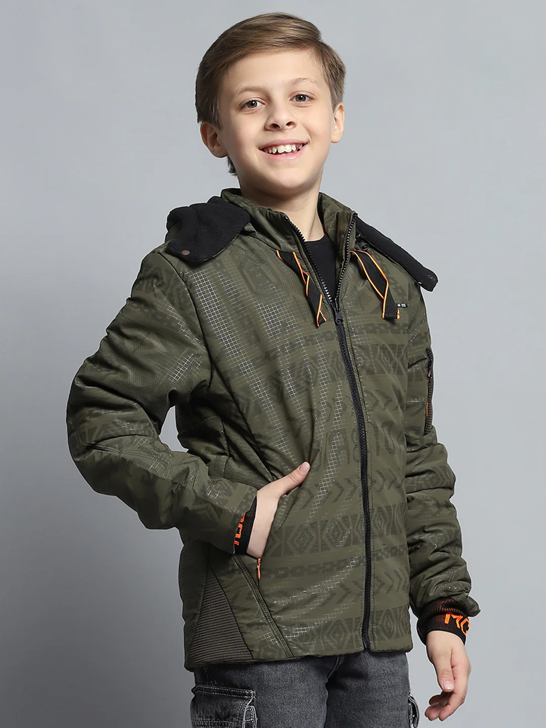 Boys Olive Printed Detachable Hood Full Sleeve Jacket - Image 4