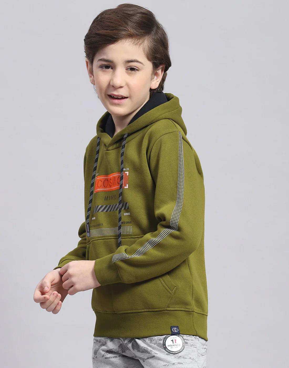 Boys Olive Printed Hooded Full Sleeve Sweatshirt - Image 3