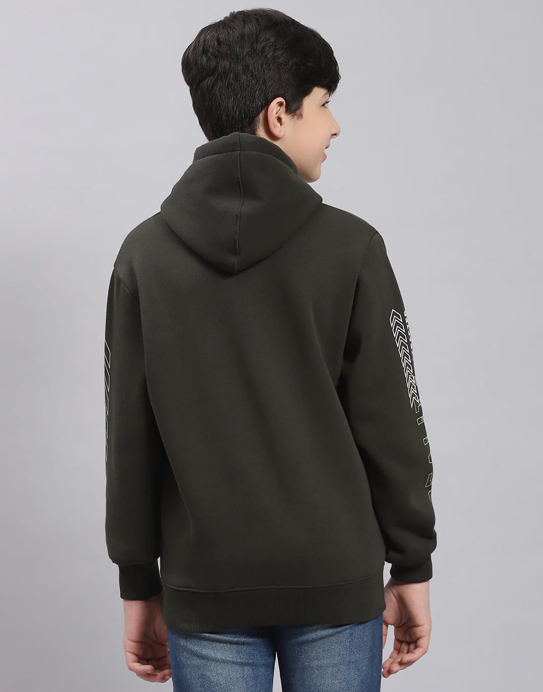 Boys Olive Printed Hooded Full Sleeve Sweatshirt - Image 5