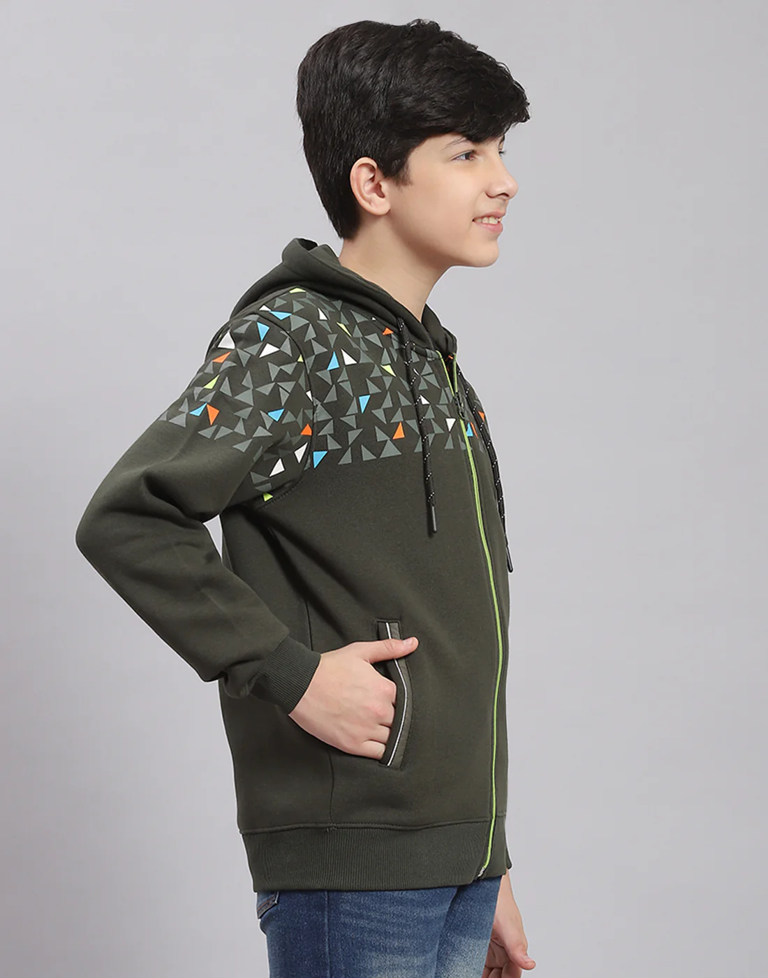 Boys Olive Printed Hooded Full Sleeve Sweatshirt - Image 4