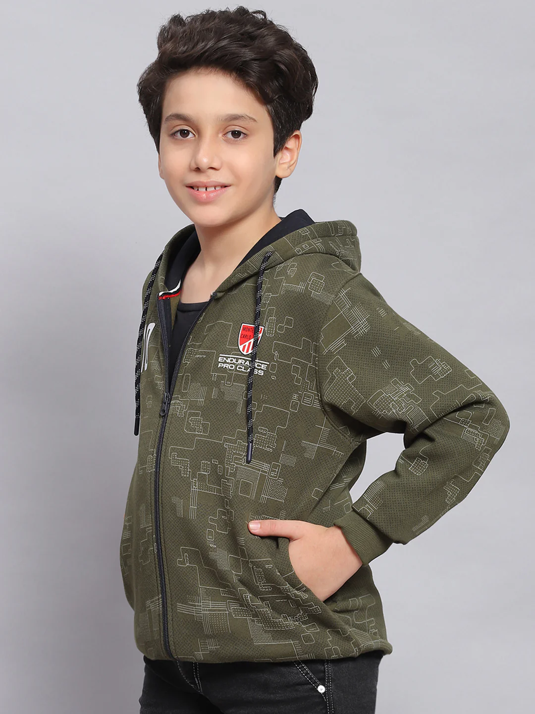 Boys Olive Printed Hooded Full Sleeve Sweatshirt - Image 3