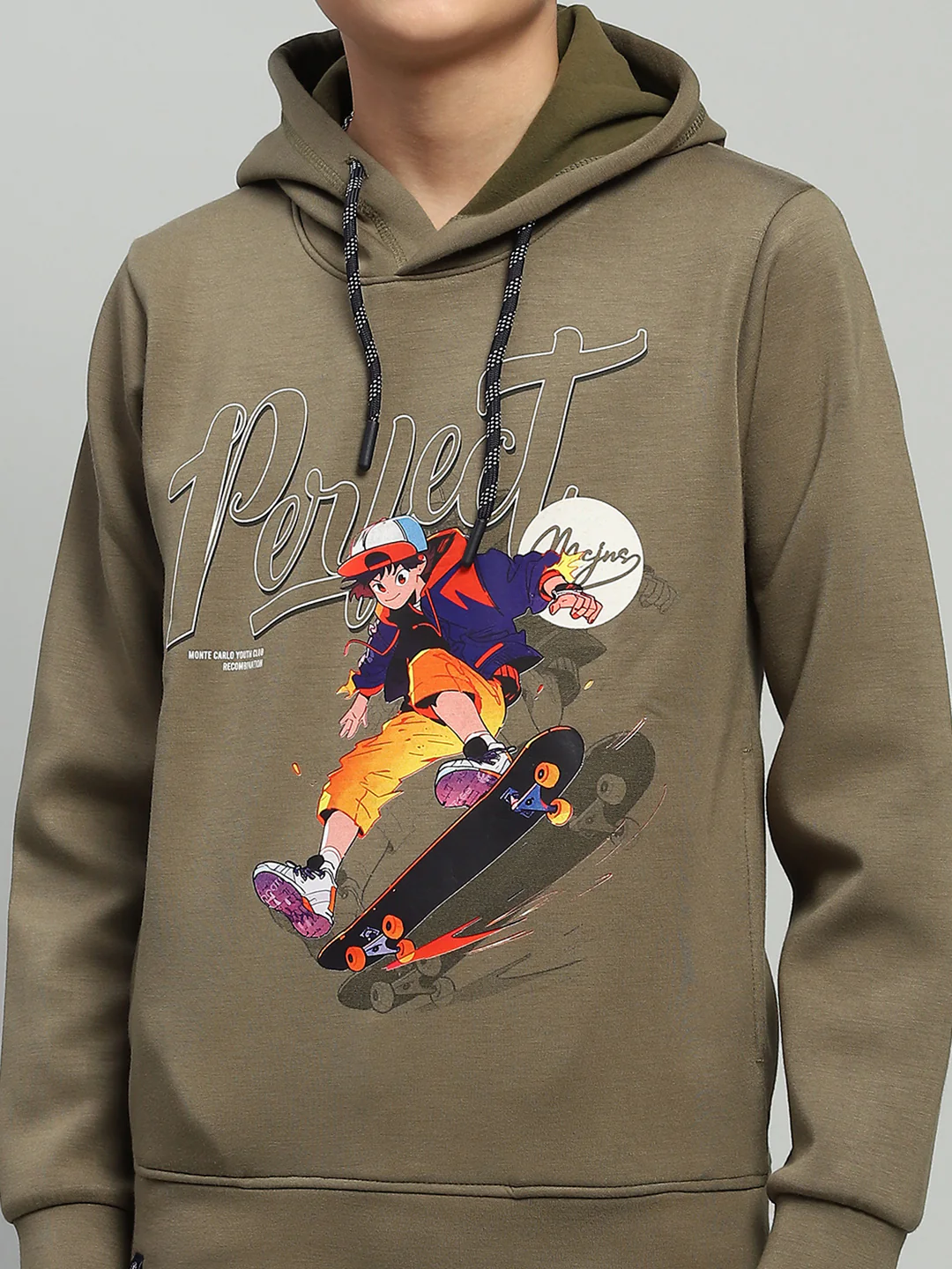 Boys Olive Printed Hooded Full Sleeve Sweatshirt - Image 6