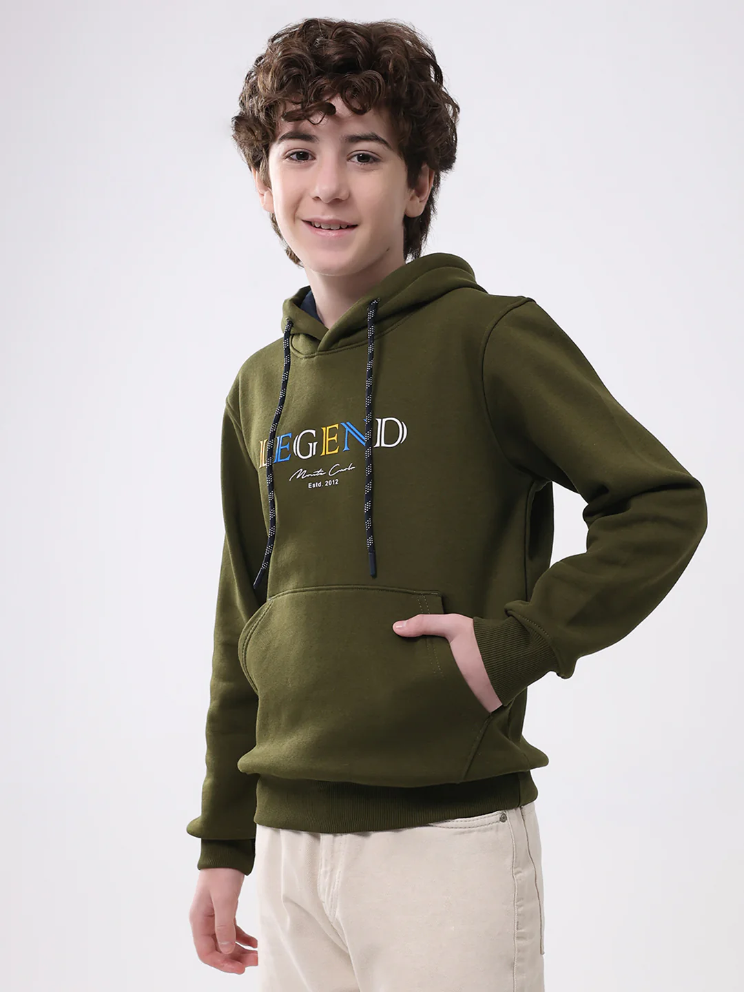 Boys Olive Printed Hooded Full Sleeve Sweatshirt - Image 3
