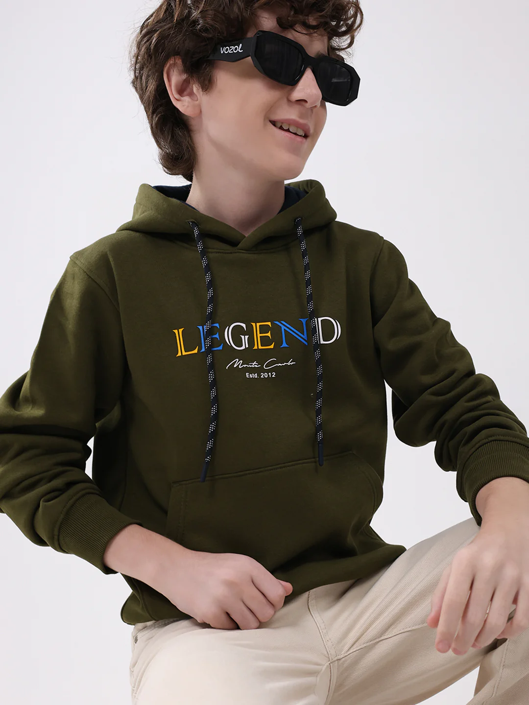 Boys Olive Printed Hooded Full Sleeve Sweatshirt - Image 6