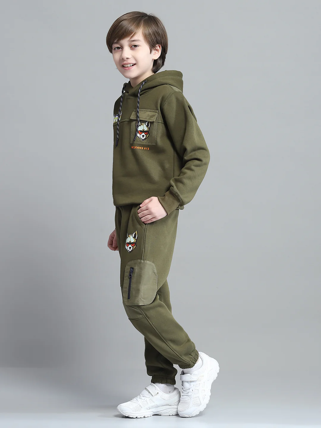 Boys Olive Printed Hooded Full Sleeve Tracksuit - Image 3