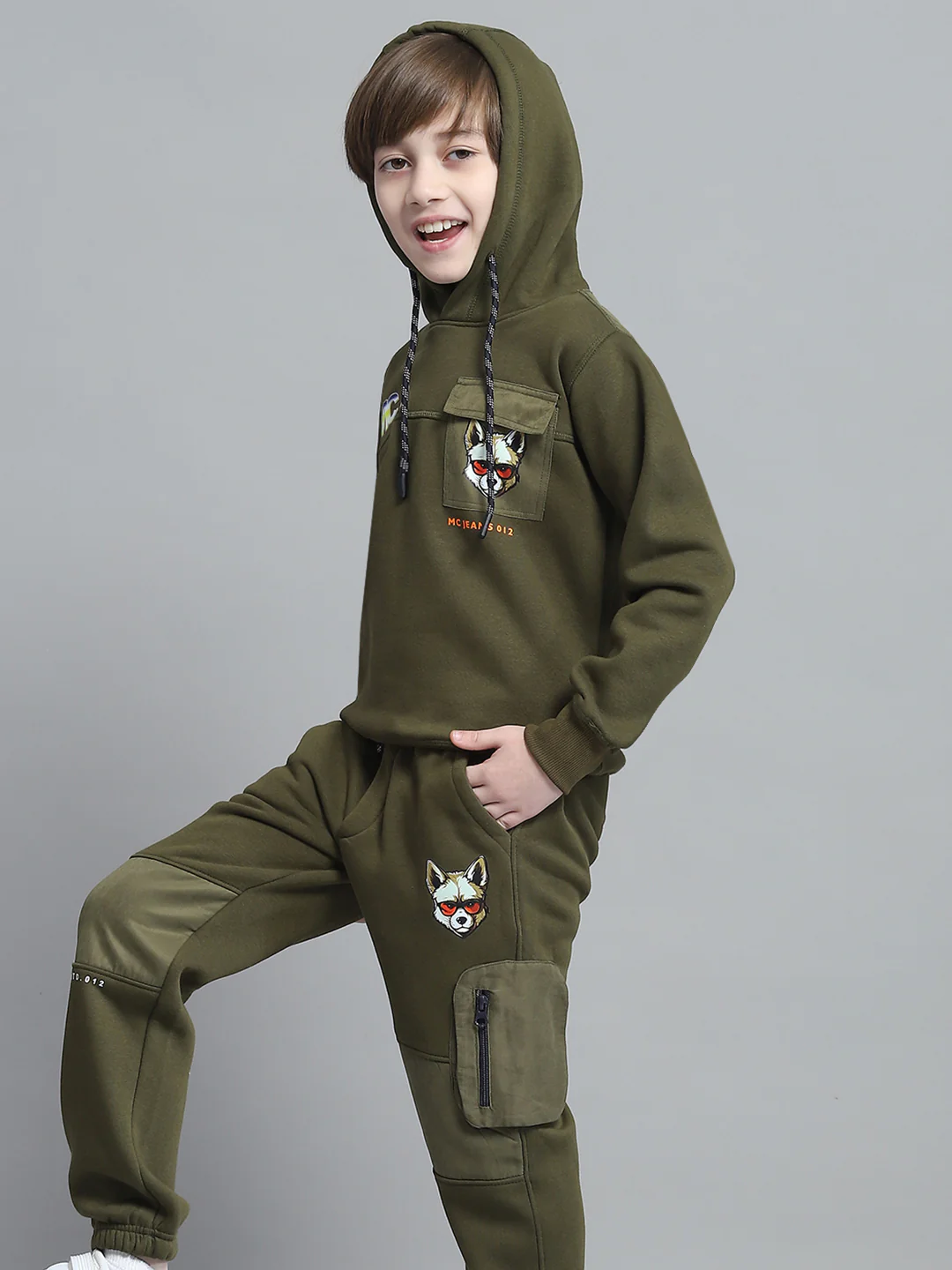 Boys Olive Printed Hooded Full Sleeve Tracksuit - Image 6