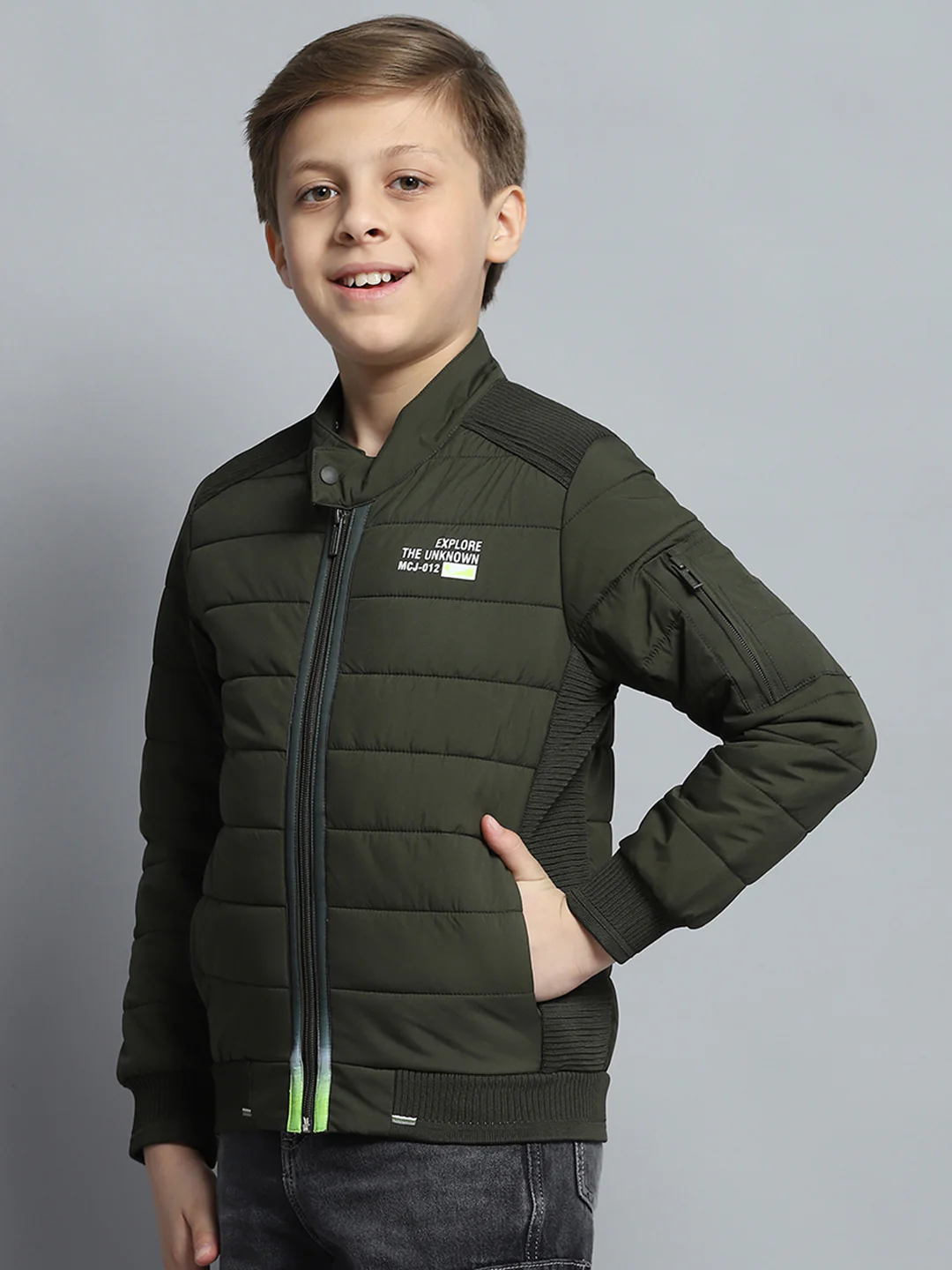 Boys Olive Printed Mock Neck Full Sleeve Jacket - Image 3