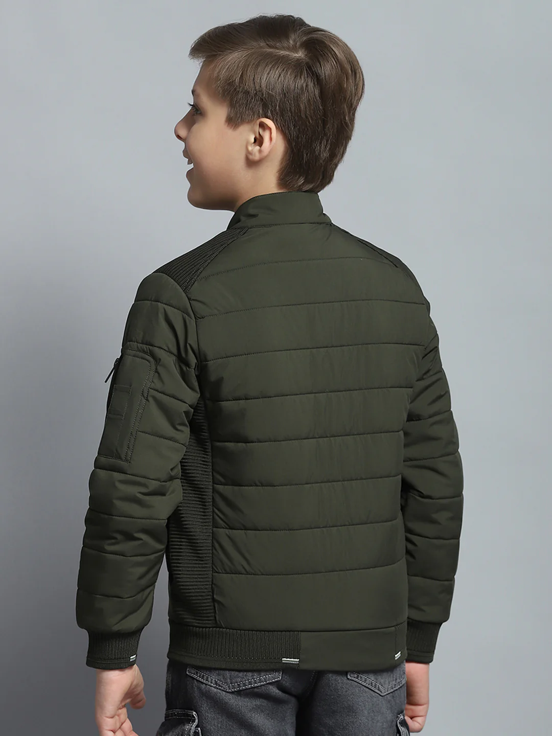 Boys Olive Printed Mock Neck Full Sleeve Jacket - Image 5