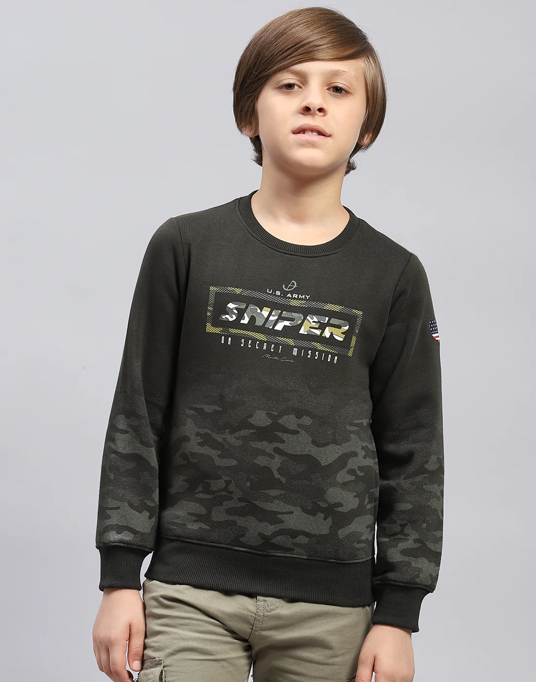 Boys Olive Printed Round Neck Full Sleeve Sweatshirt - Image 2