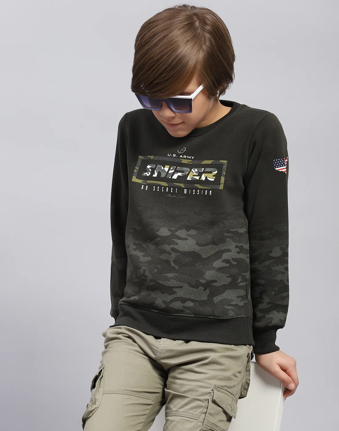 Boys Olive Printed Round Neck Full Sleeve Sweatshirt - Image 6