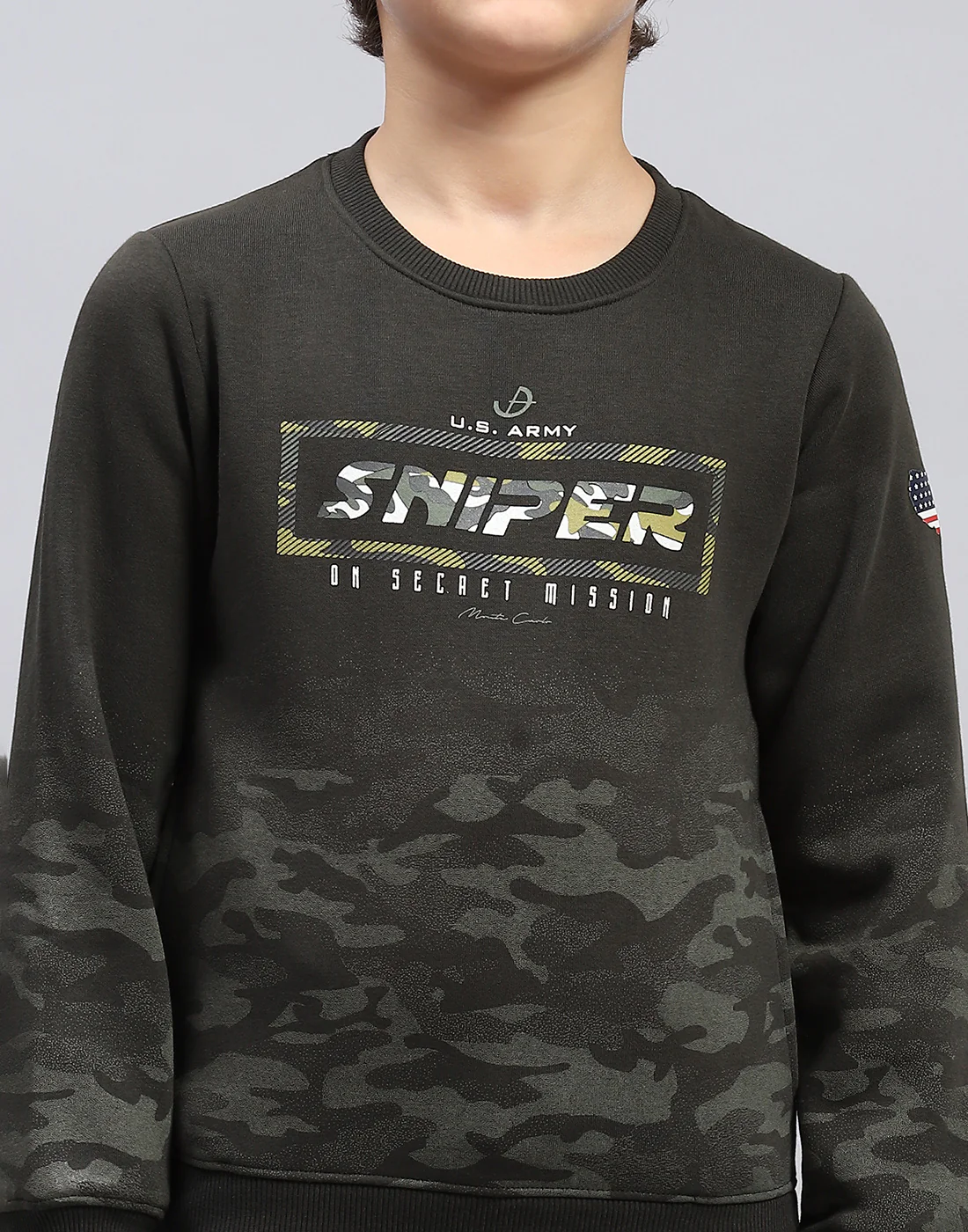 Boys Olive Printed Round Neck Full Sleeve Sweatshirt - Image 7