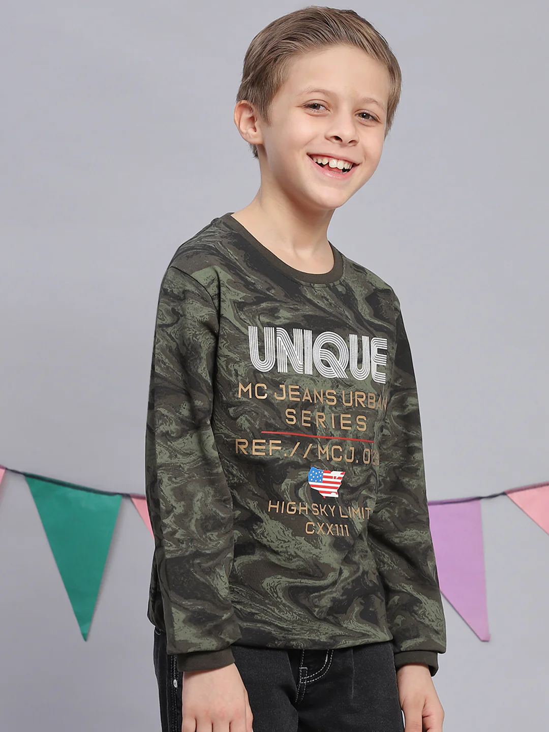 Boys Olive Printed Round Neck Full Sleeve Sweatshirt - Image 4