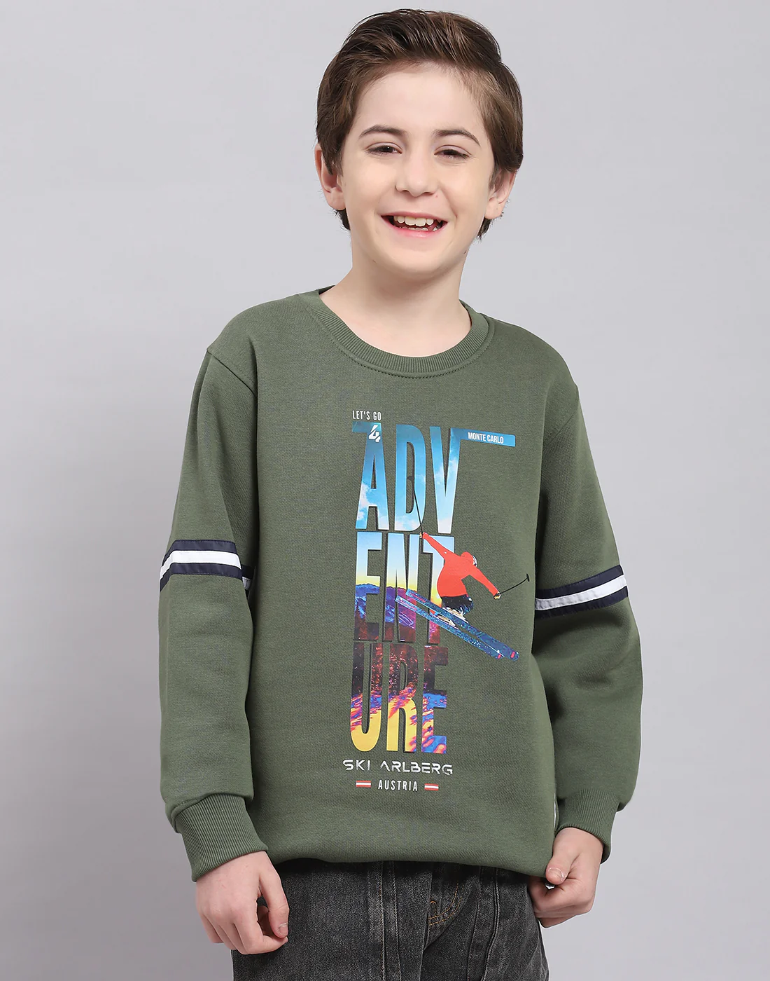 Boys Olive Printed Round Neck Full Sleeve Sweatshirt - Image 2