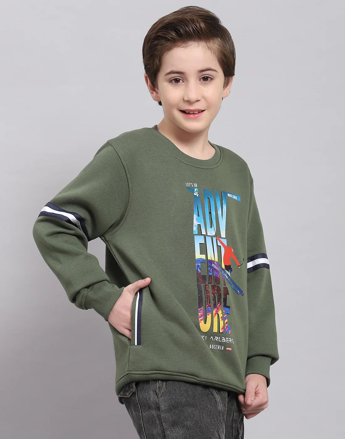 Boys Olive Printed Round Neck Full Sleeve Sweatshirt - Image 4