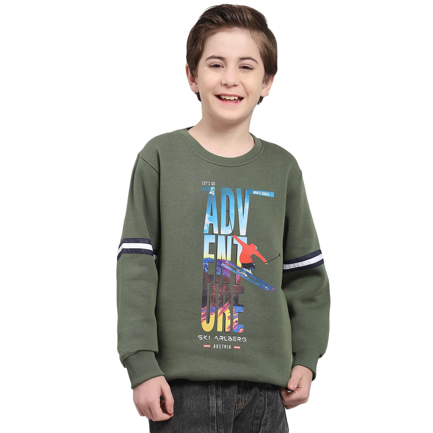 Boys Olive Printed Round Neck Full Sleeve Sweatshirt - Image 5