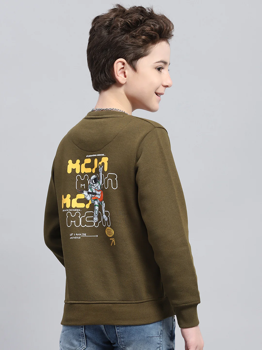 Boys Olive Printed Round Neck Full Sleeve Sweatshirt - Image 5