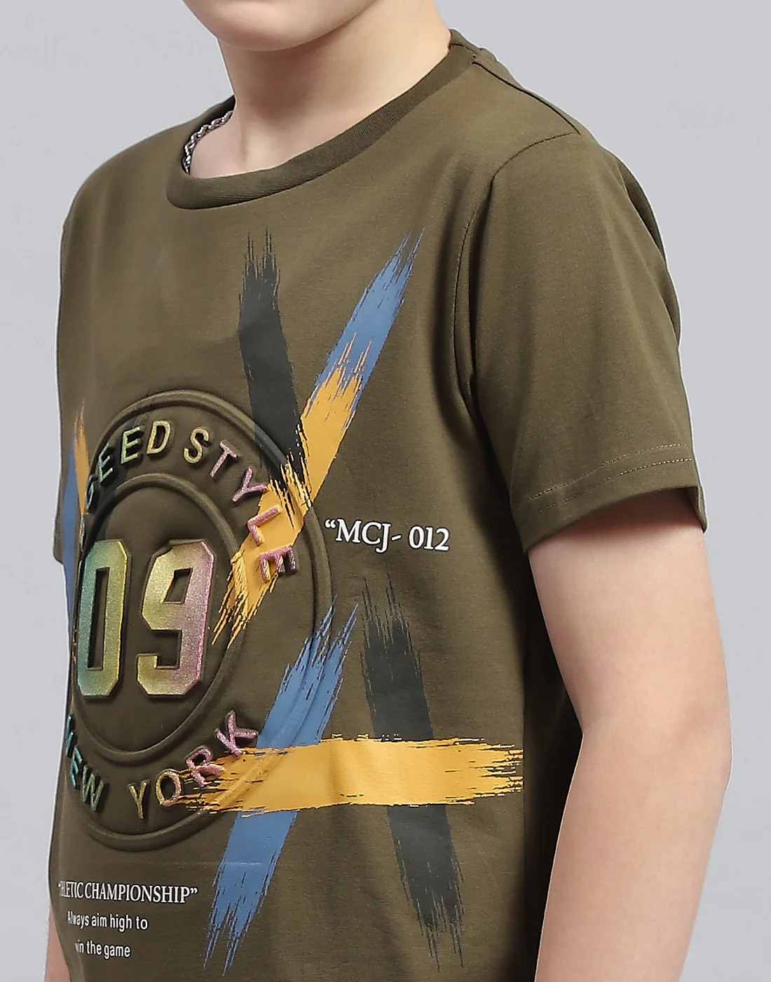 Boys Olive Printed Round Neck Half Sleeve T-Shirt - Image 6