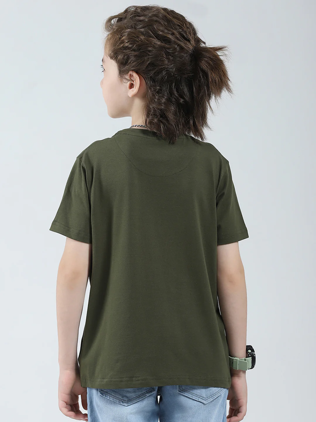 Boys Olive Printed Round Neck Half Sleeve T-Shirt - Image 5