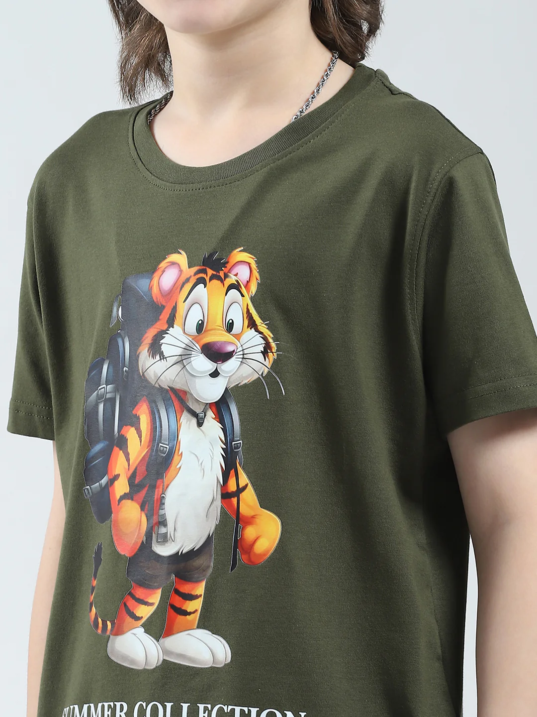 Boys Olive Printed Round Neck Half Sleeve T-Shirt - Image 6