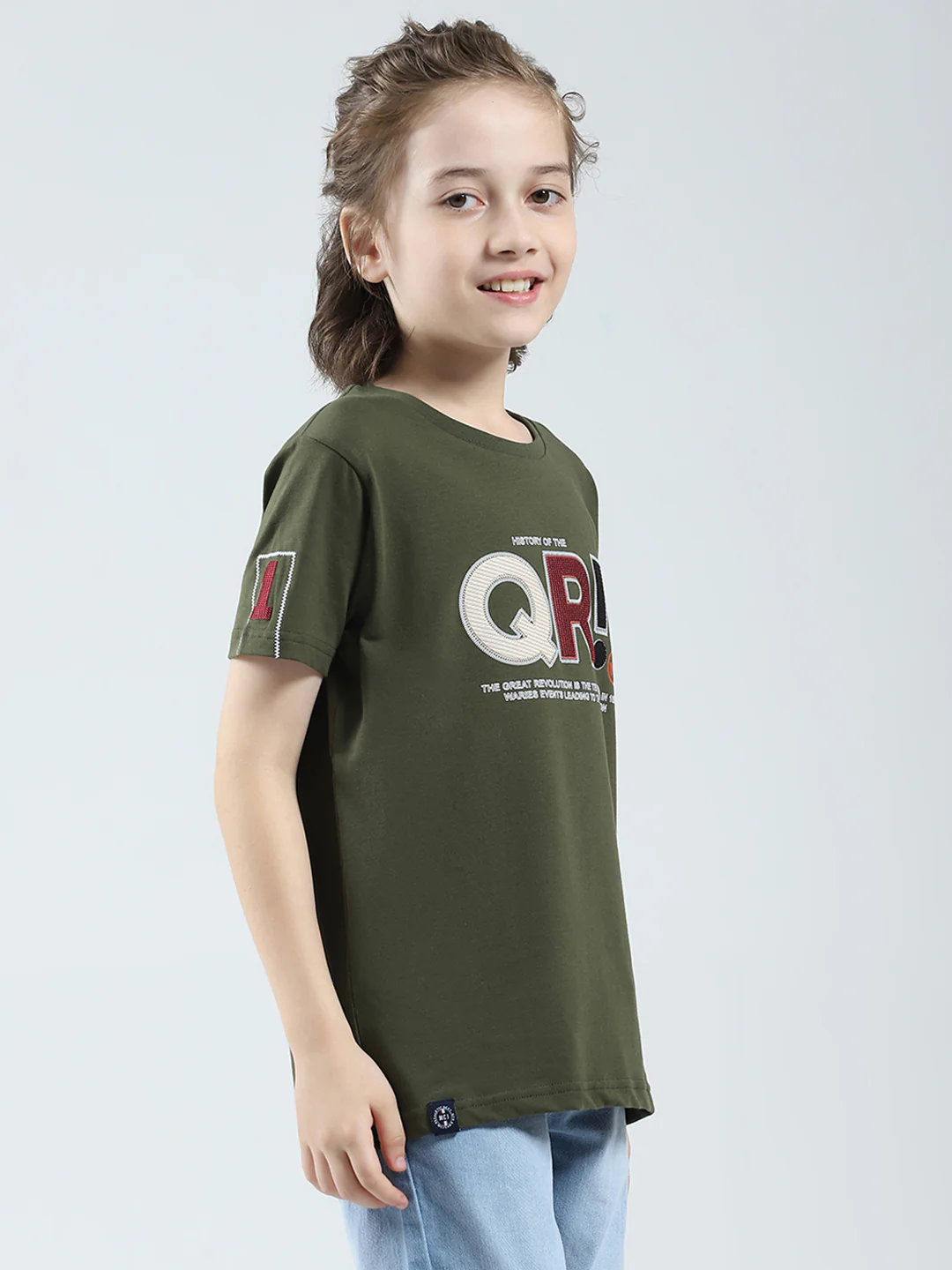 Boys Olive Printed Round Neck Half Sleeve T-Shirt - Image 4