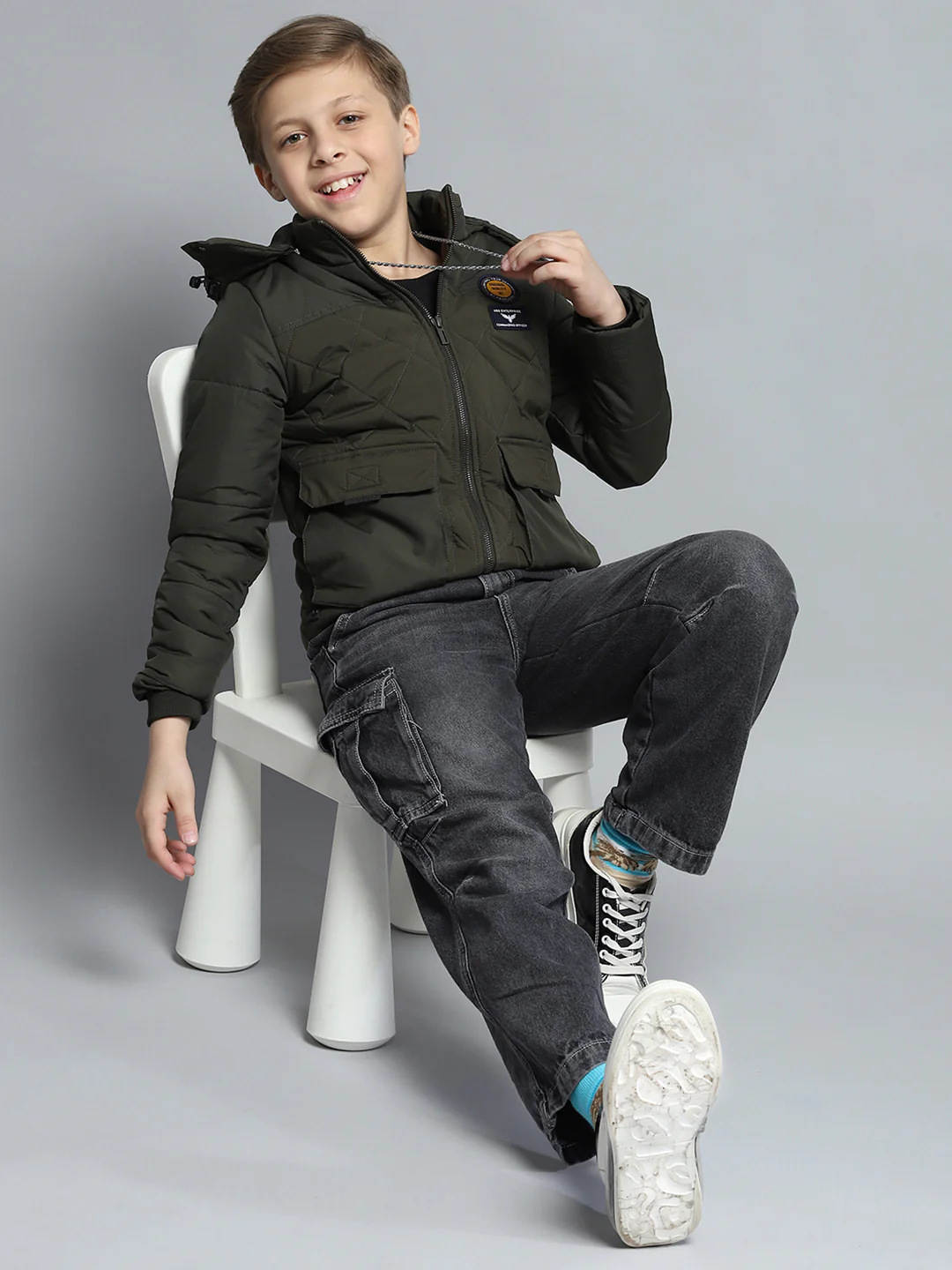 Boys Olive Self Design Detachable Hood Full Sleeve Jacket - Image 2