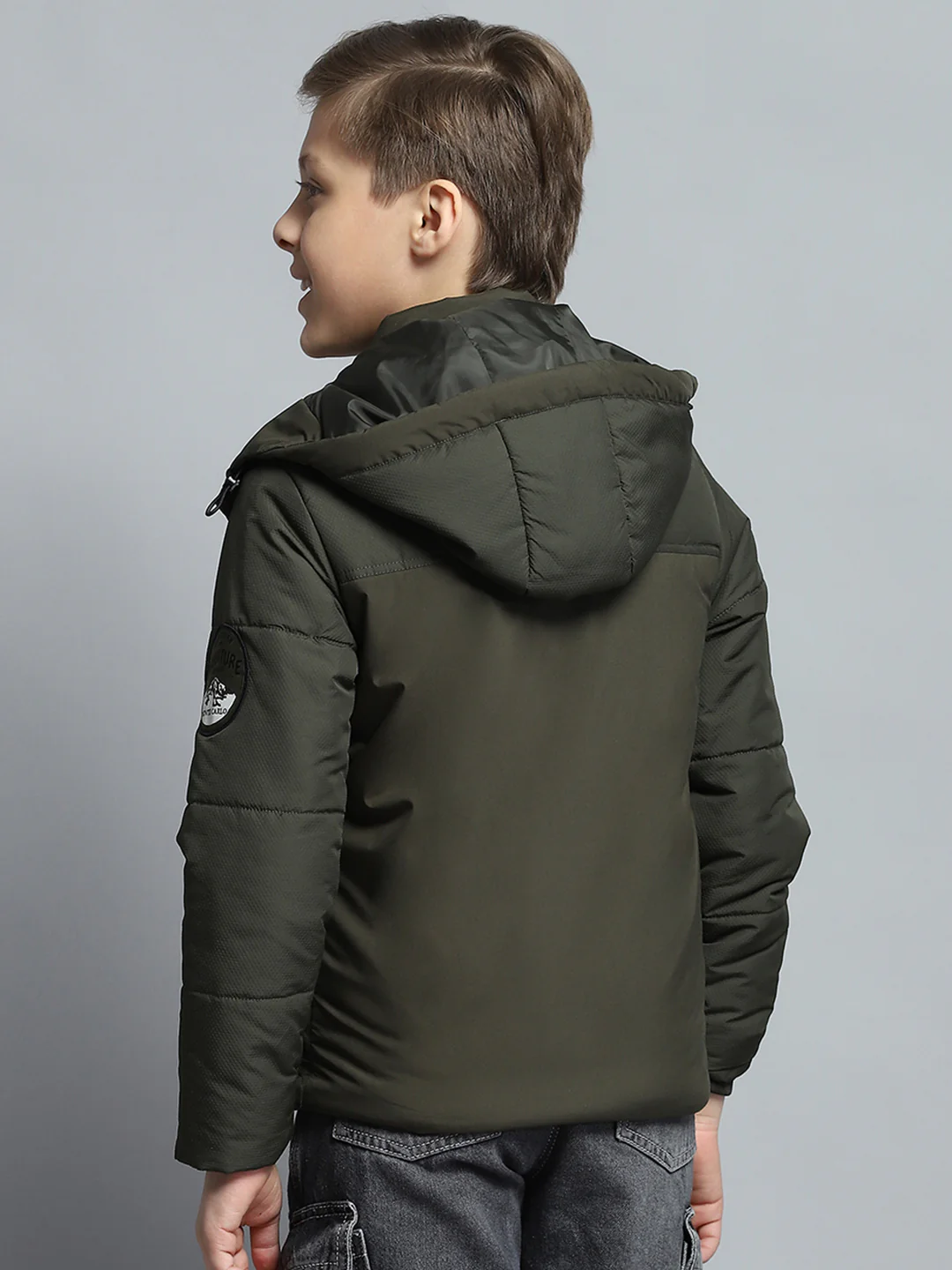 Boys Olive Self Design Detachable Hood Full Sleeve Jacket - Image 5
