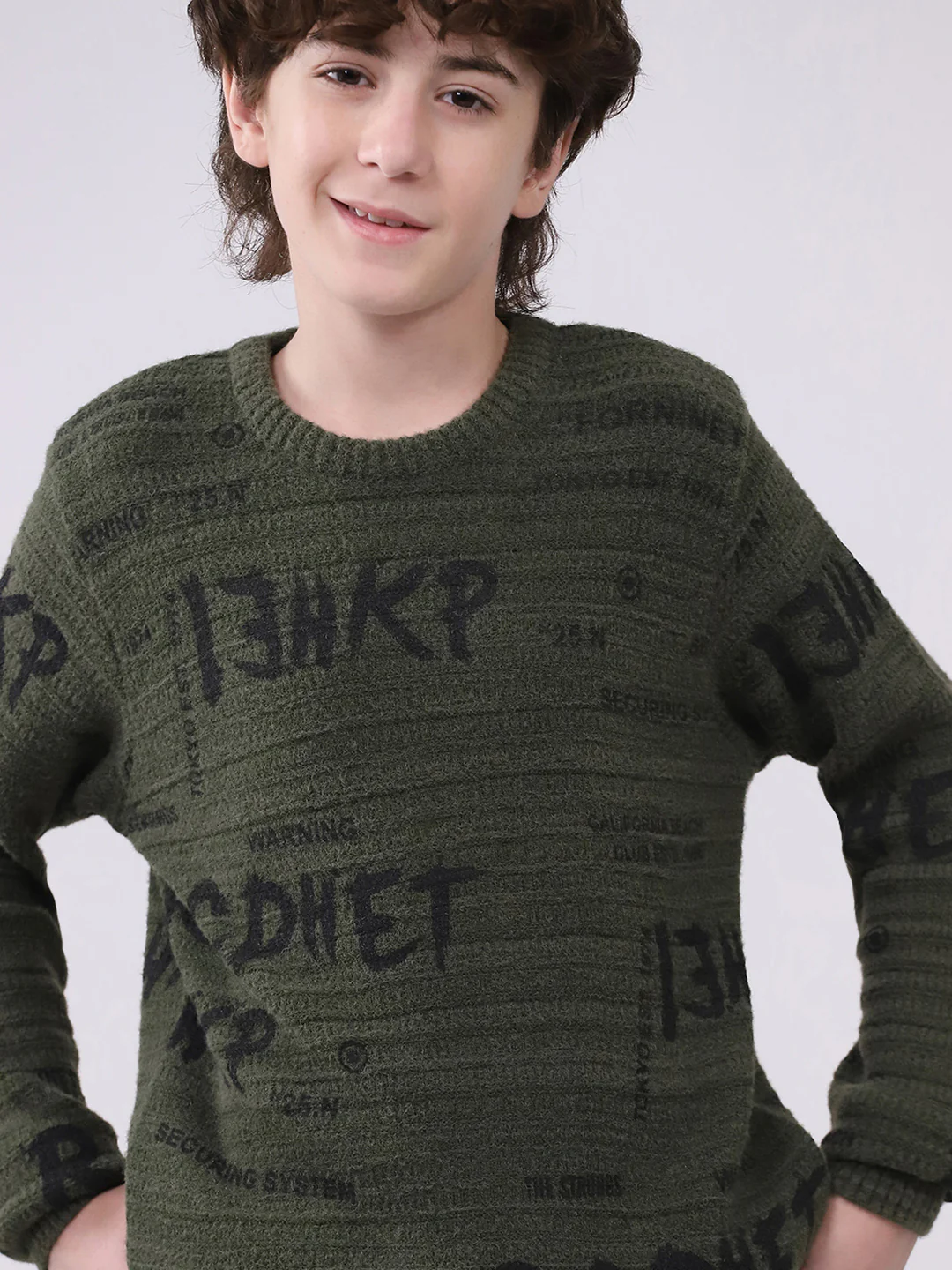 Boys Olive Self Design Round Neck Full Sleeve Pullover - Image 7