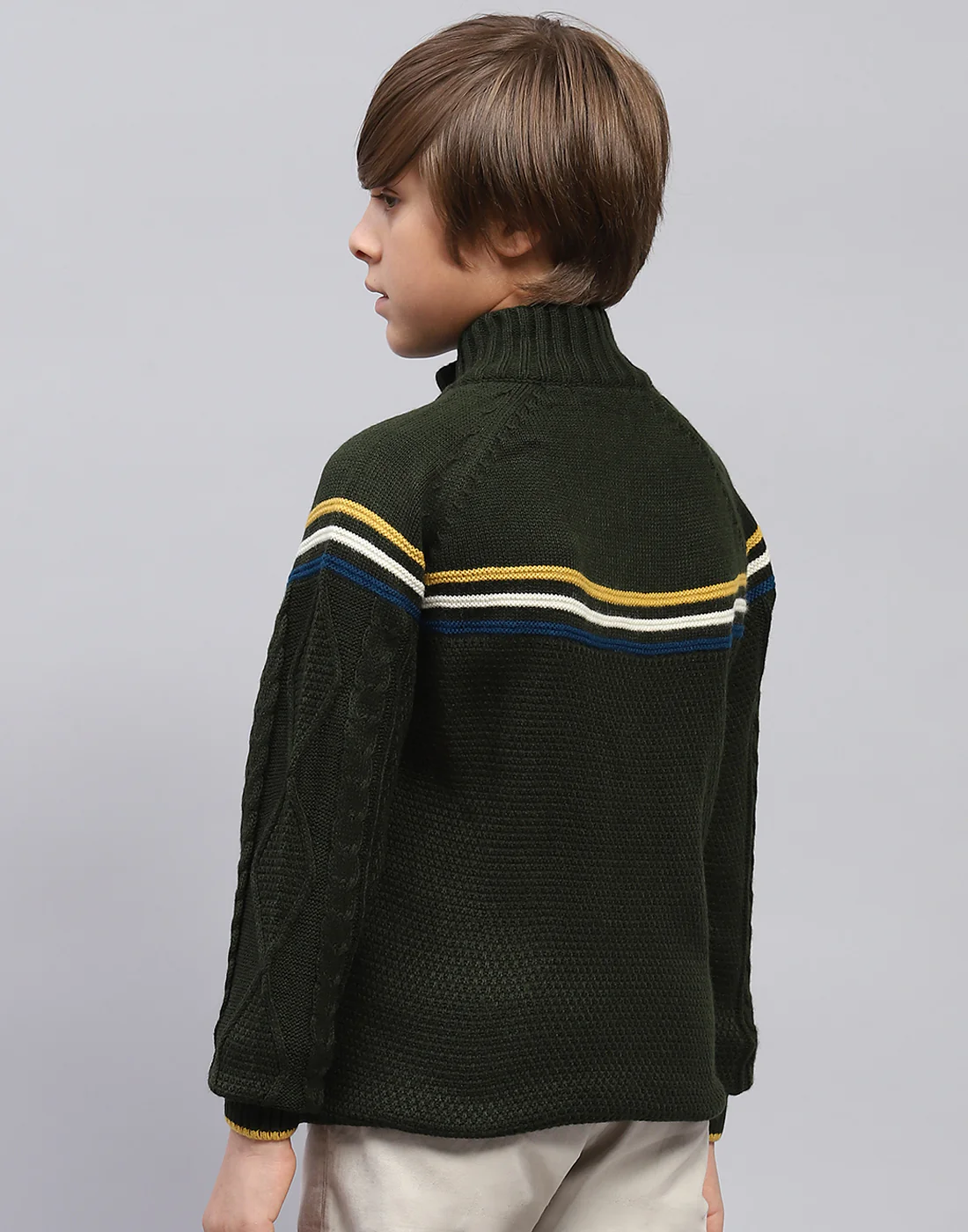 Boys Olive Self Design Turtle Neck Full Sleeve Pullover - Image 5