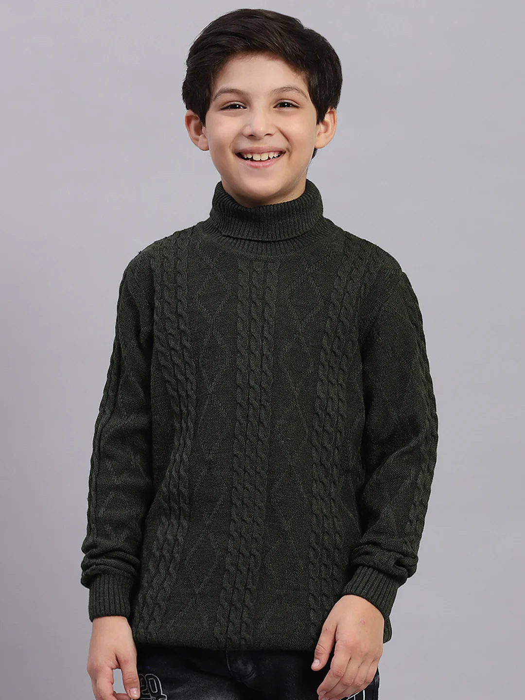 Boys Olive Self Design T Neck Full Sleeve Sweater - Image 3