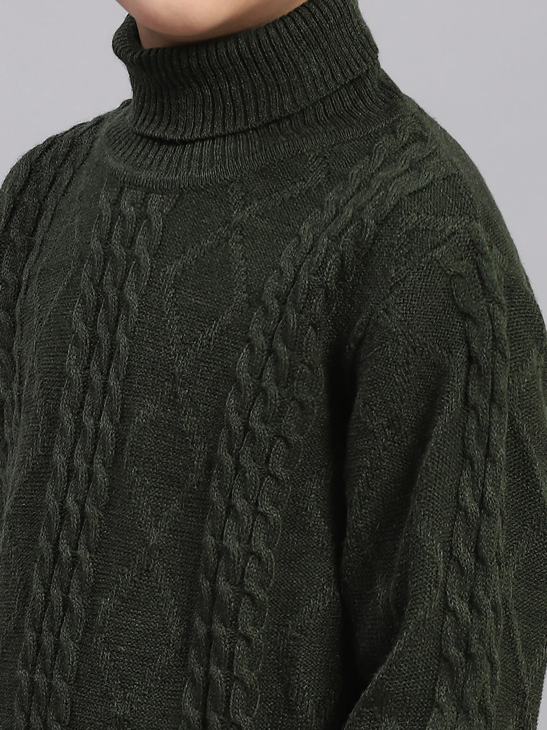 Boys Olive Self Design T Neck Full Sleeve Sweater - Image 7