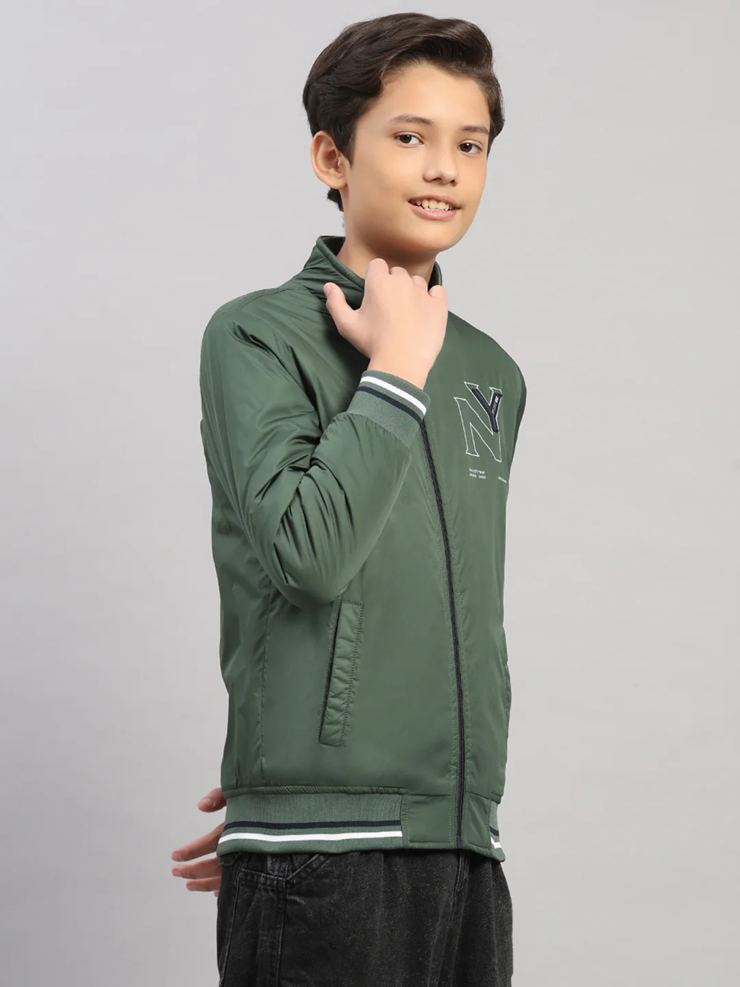 Boys Olive Solid Collar Full Sleeve Jacket - Image 4