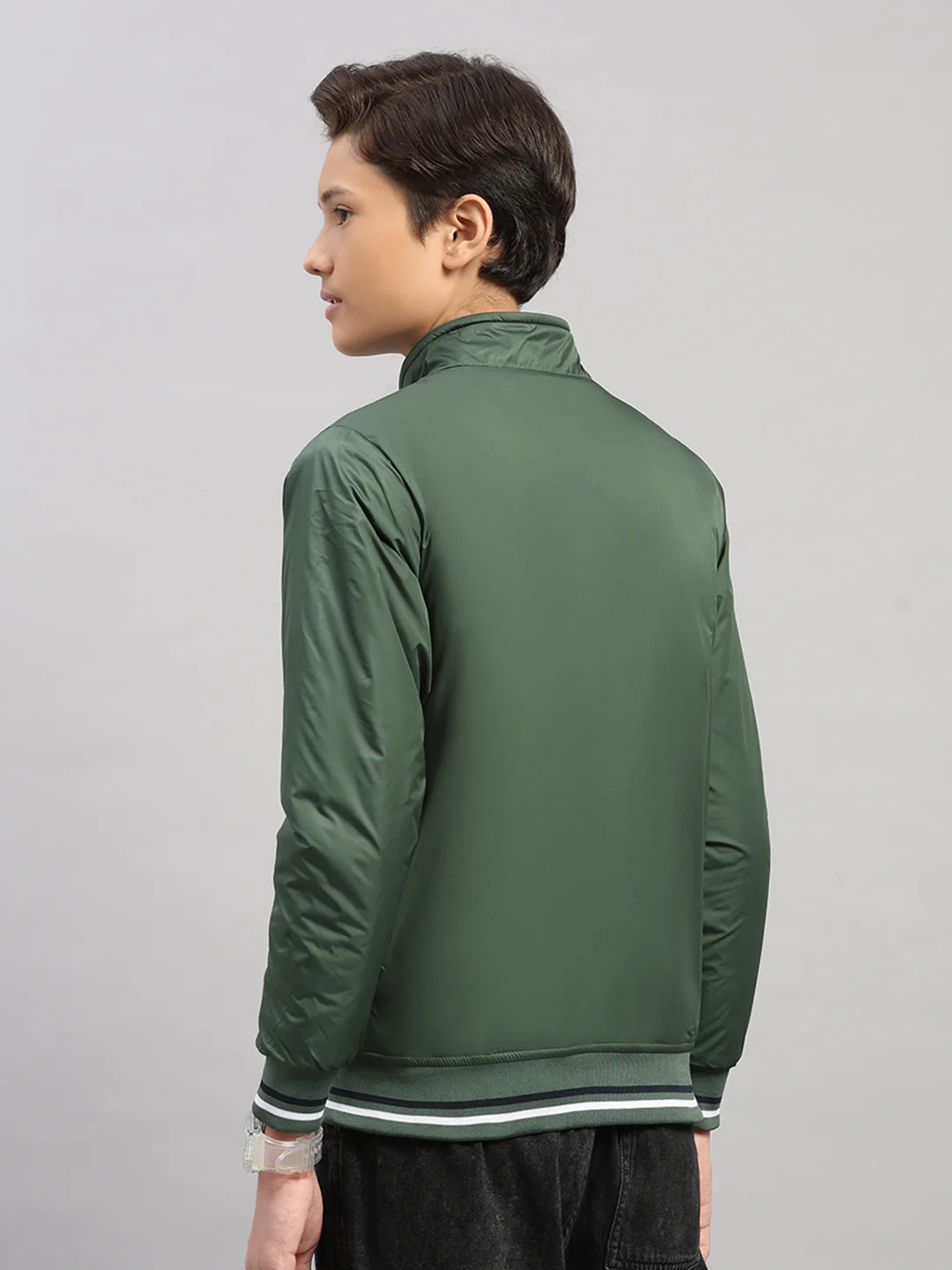 Boys Olive Solid Collar Full Sleeve Jacket - Image 5
