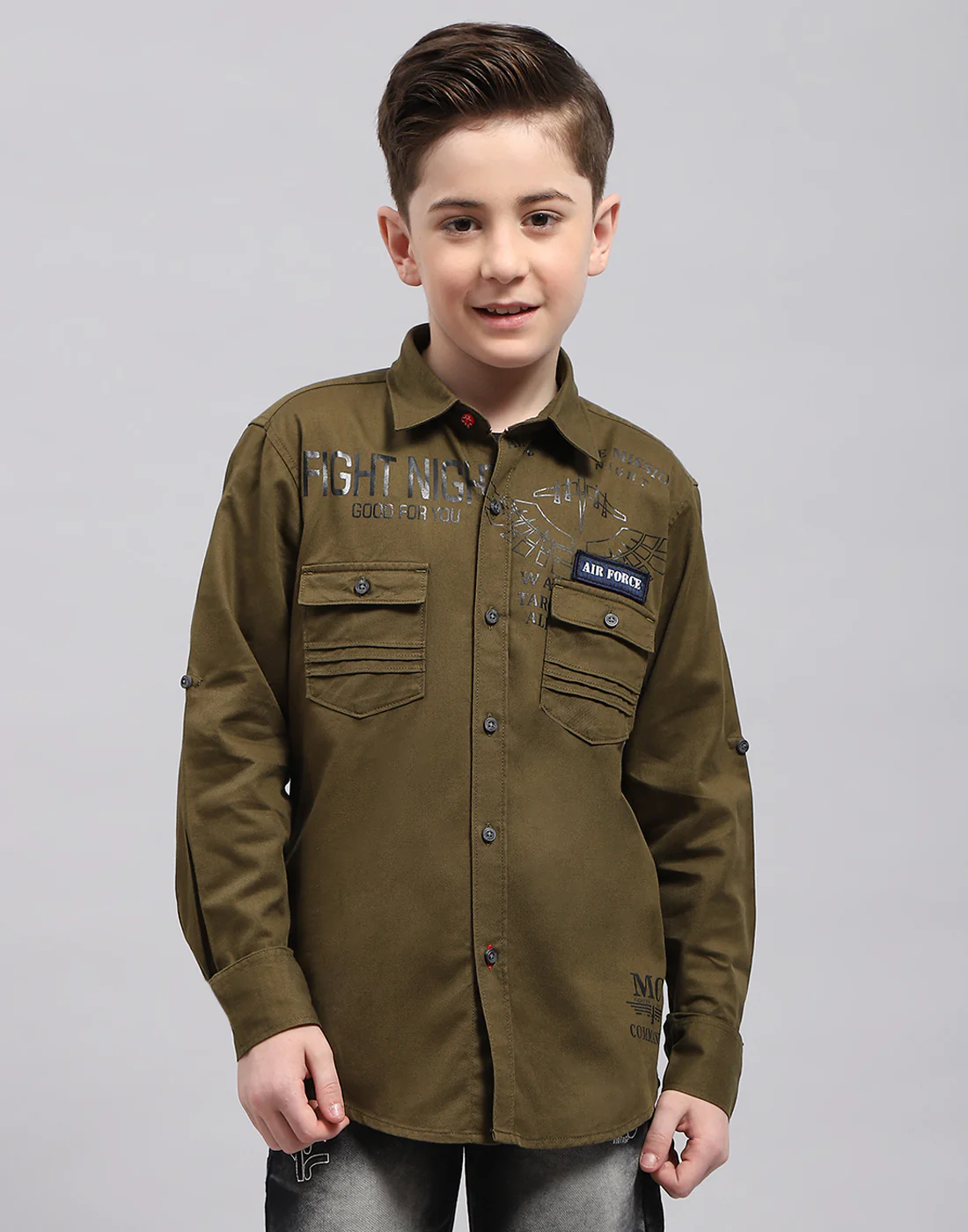 Boys Olive Solid Collar Full Sleeve Shirt - Image 2