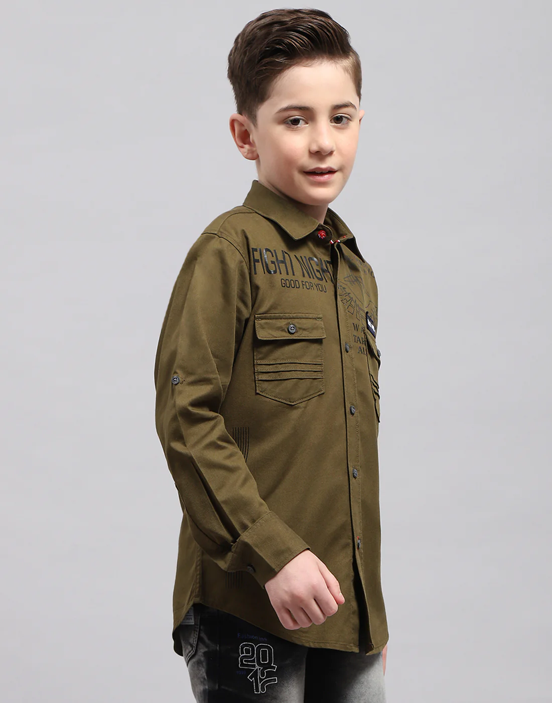 Boys Olive Solid Collar Full Sleeve Shirt - Image 4