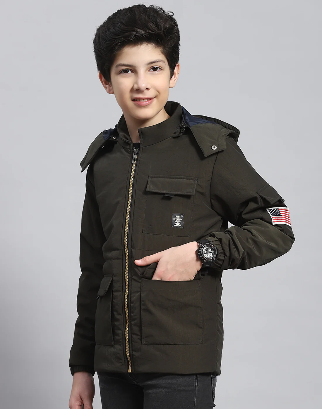 Boys Olive Solid Hooded Full Sleeve Boys Jacket - Image 3