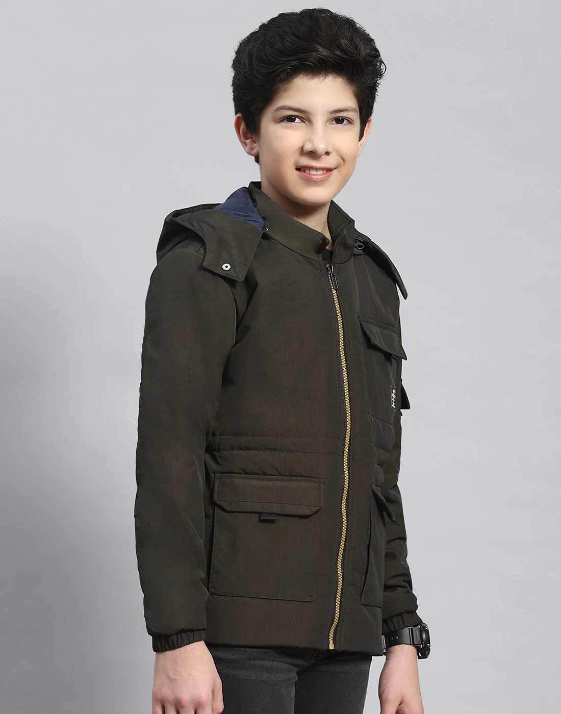 Boys Olive Solid Hooded Full Sleeve Boys Jacket - Image 4