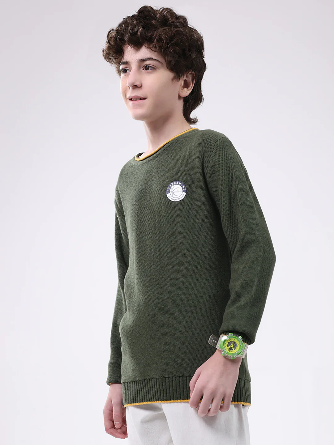 Boys Olive Solid Round Neck Full Sleeve Pullover - Image 3
